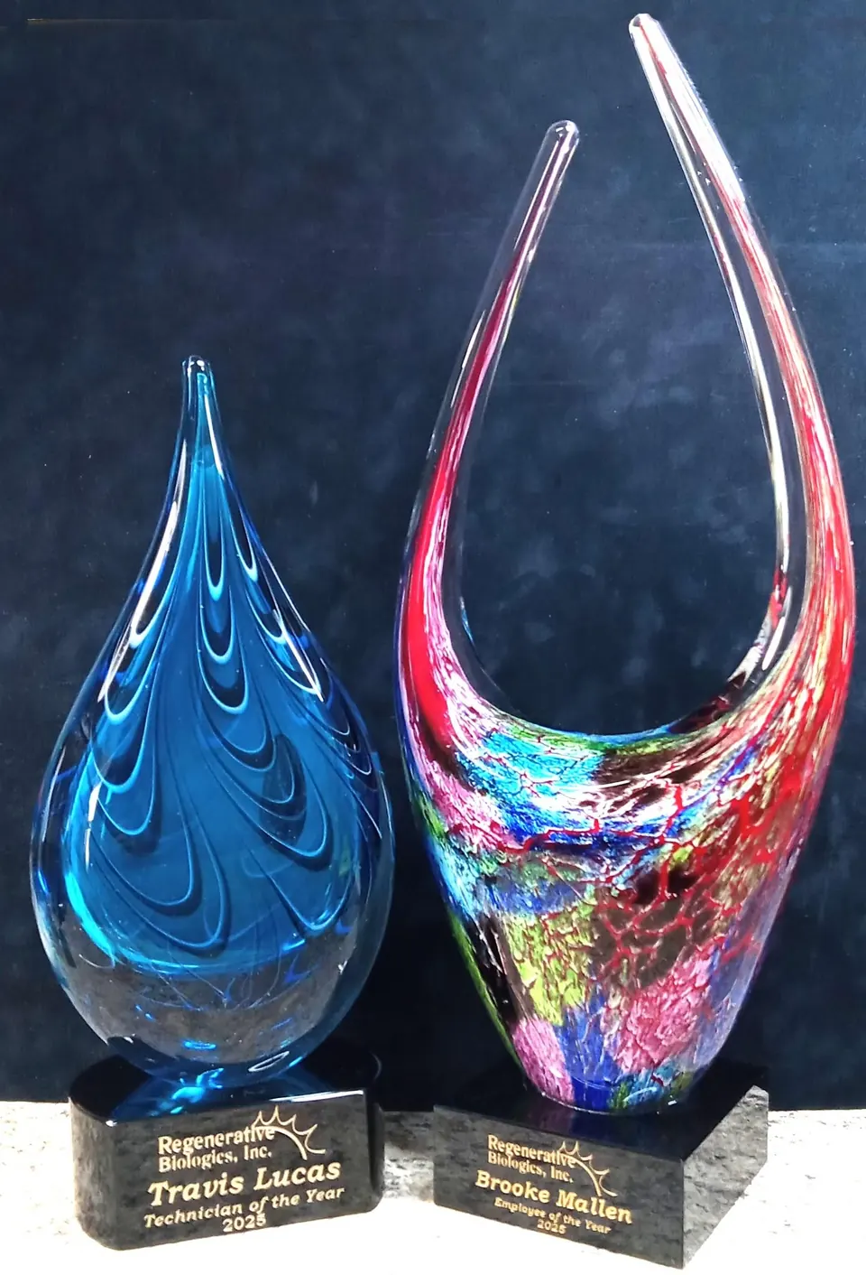 Two art glass awards on black bases with engraved plates