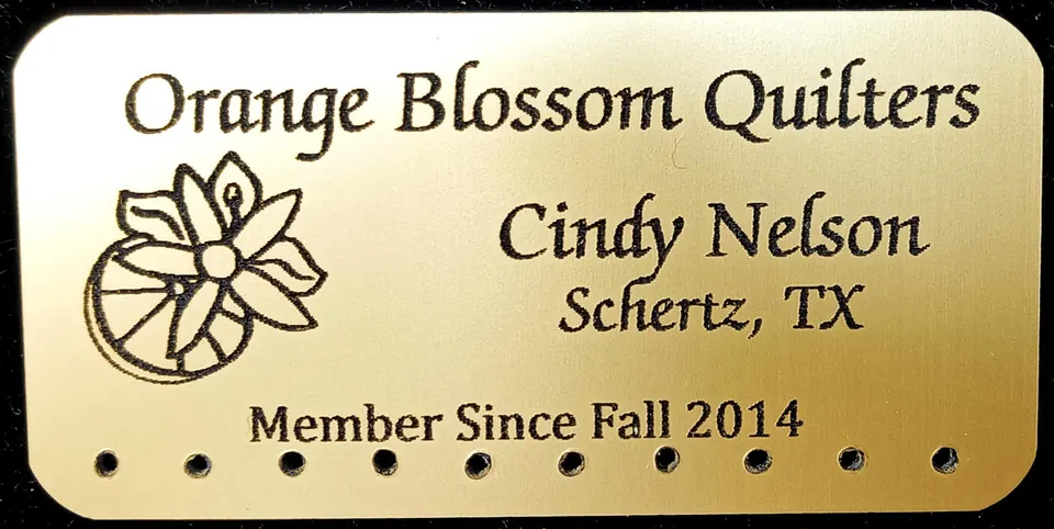 Brass member name plate for a quilters guild