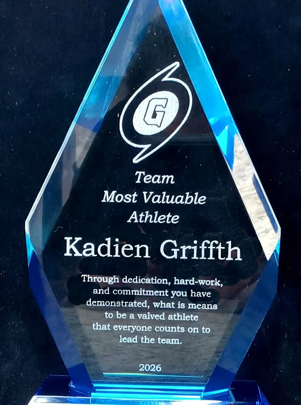 Blue crystal Most Valuable Athlete award engraved with the athlete name