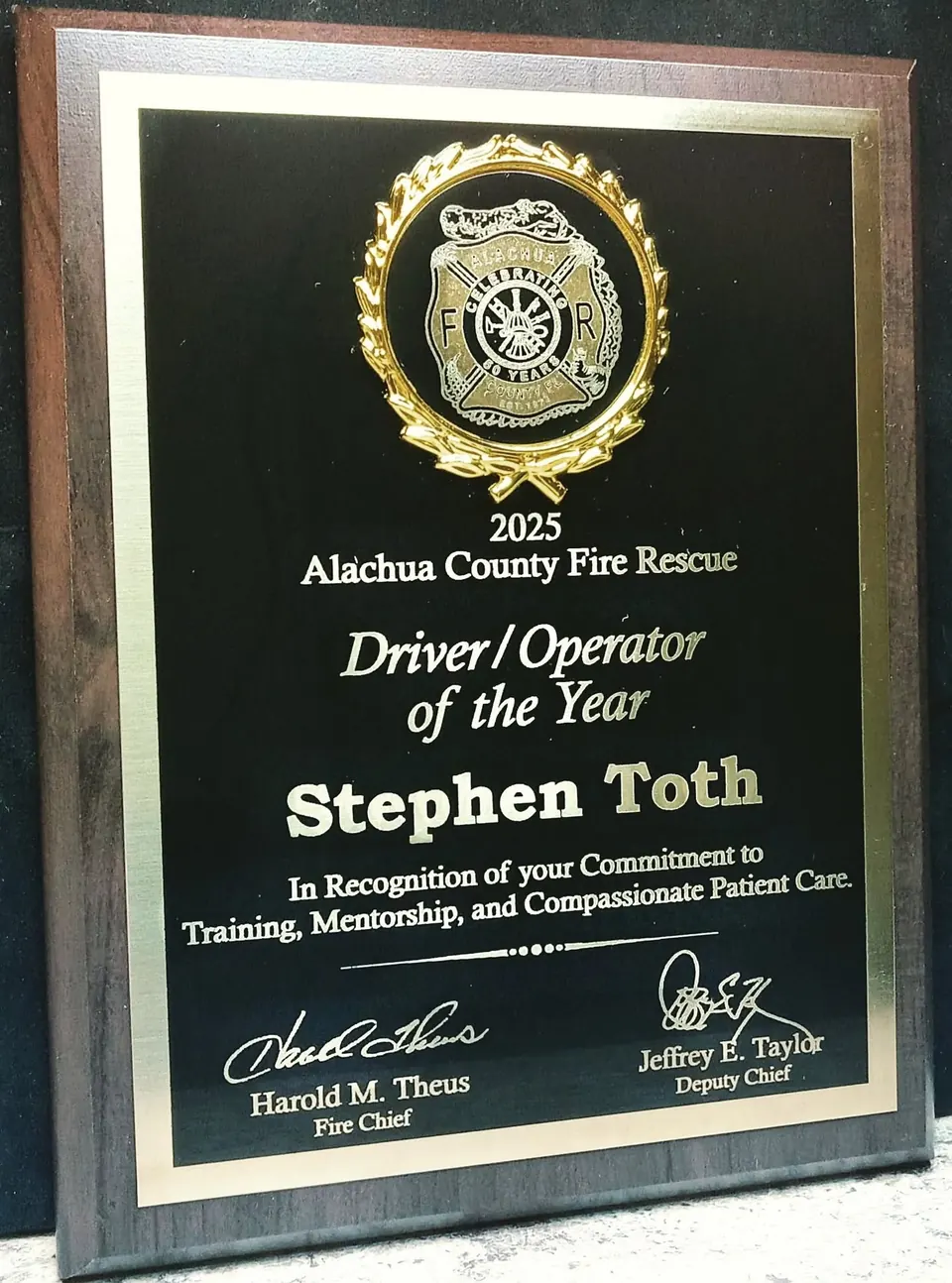 Fire rescue Driver Operator of the Year plaque
