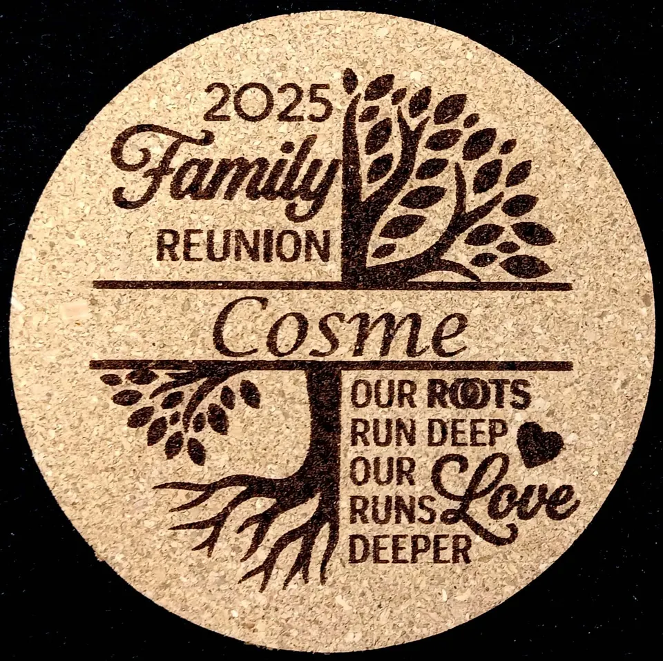 Cork coaster engraved with a family reunion tree design