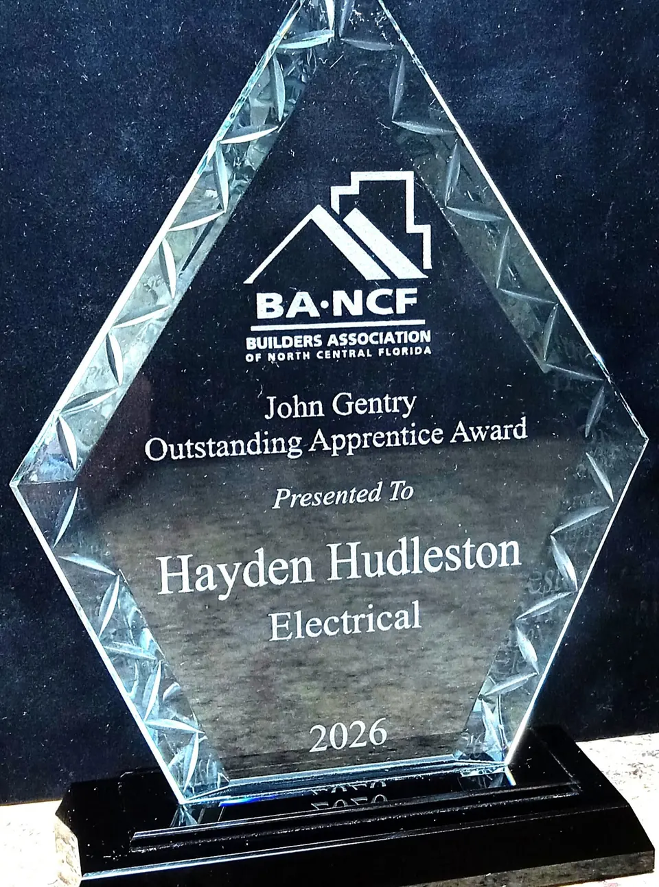 Diamond-shaped glass Outstanding Apprentice award