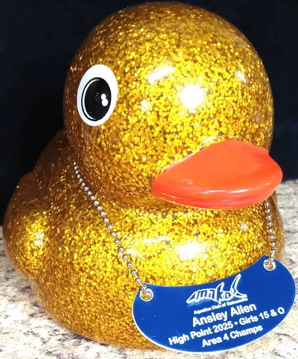 Gold glitter duck high point trophy with an engraved tag